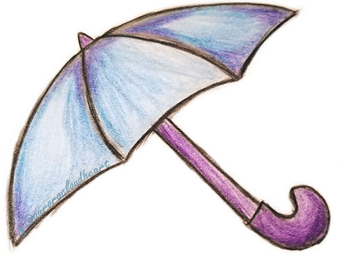Open umbrella in purples and blues